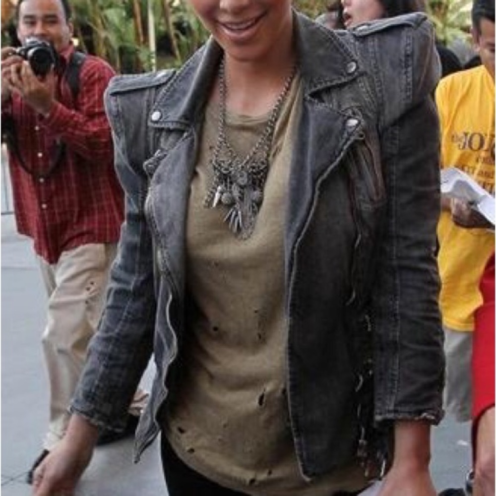 Balmain Paris moto biker denim jean jacket grey gray XS Kate Moss Kim Kardashian - Picture 10 of 12